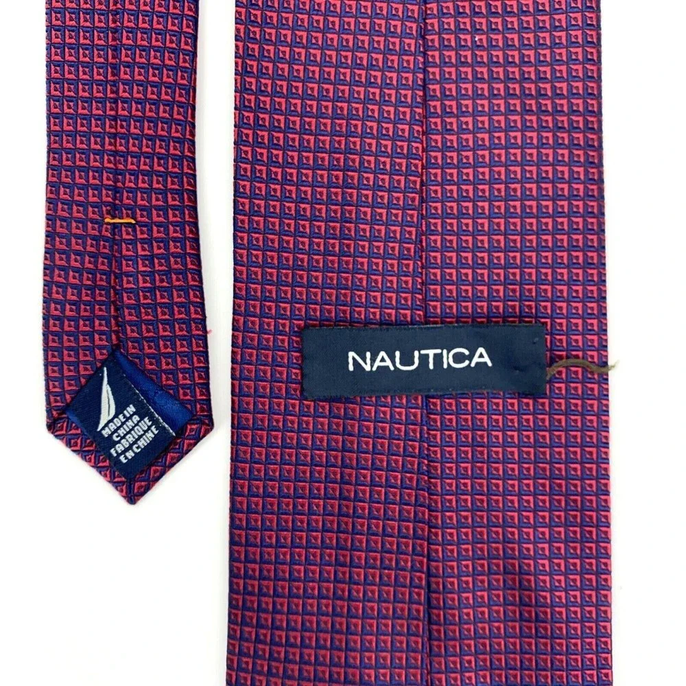 NAUTICA Red Navy Blue Woven Geometric Plaid Squares 100% Silk Mens Necktie